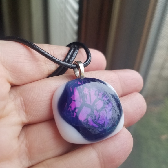 Purple and White Fusion Glass Pendant on Black Cord - Handmade NEW
